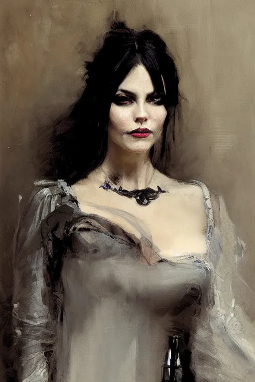 Image similar to Richard Schmid and Jeremy Lipking full length portrait painting of a young beautiful victorian steampunk vampire woman Elvira Mistress of the Dark