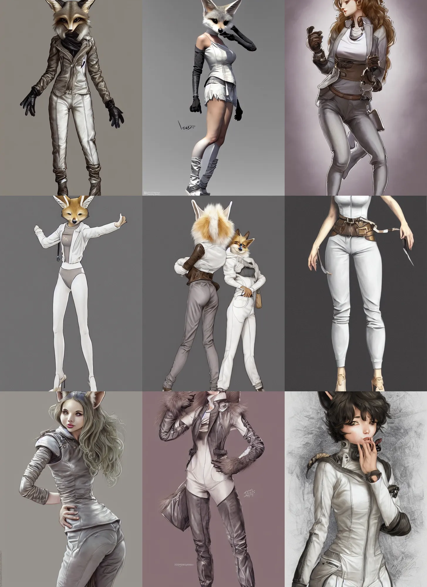 Prompt: female anthropomorphic fennec fursona in short white! top and short gray! leather jacket, long dark curly hair, high waist sweatpants, intricate, elegant, highly detailed, digital painting, artstation, concept art, smooth, clockwork, sharp focus, illustration, metart, art by artgerm and greg rutkowski and alphonse mucha, 8 k