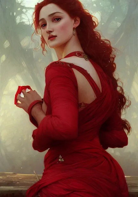 Image similar to sansa fatal women in red, intricate, elegant, highly detailed, digital painting, artstation, concept art, smooth, sharp focus, illustration, art by artgerm and greg rutkowski and alphonse mucha and william - adolphe bouguereau