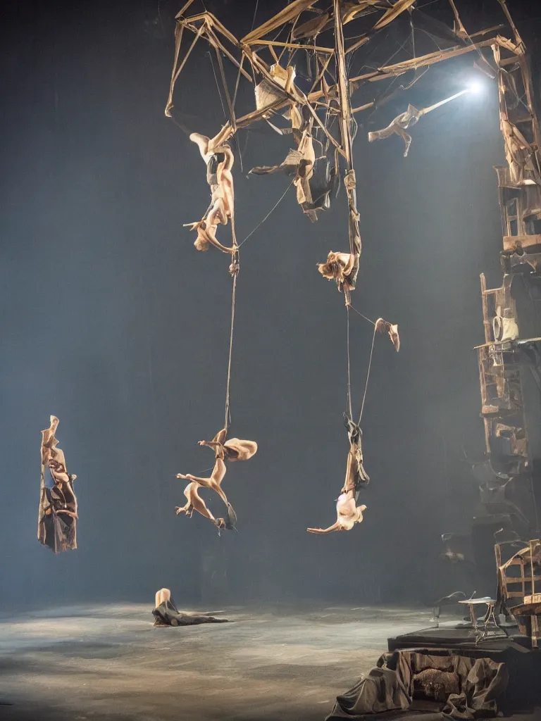 Image similar to a shakespeare stage play, dark blue mist, atmospheric, set design by Michel Crête, Aerial acrobatics design by André Simard, hyperrealistic, 4K, Baraka