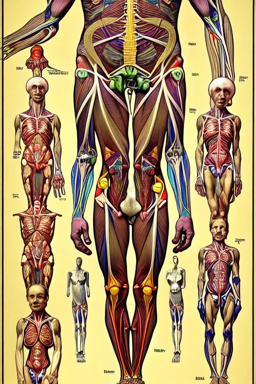 Image similar to extremely psychedelic anatomically accurate diagram of the full human muscular system, full body, intricate parts, fine details, hyper realistic, elegant minimalism, by seichen, alphonse mucha, surreal