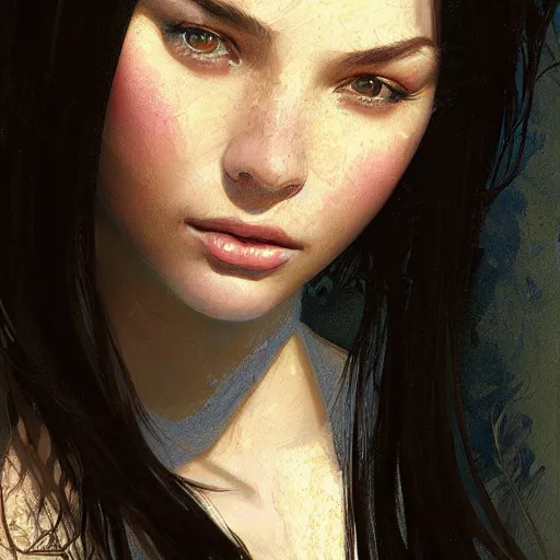 Image similar to portrait of teenage girl with long glossy black hair, glowing skin, delicate features, victoria wallace, fantasy, intricate, elegant, dress shirt and tie, highly detailed, digital painting, artstation, concept art, smooth, sharp focus, illustration, art by Krenz Cushart and Artem Demura and alphonse mucha