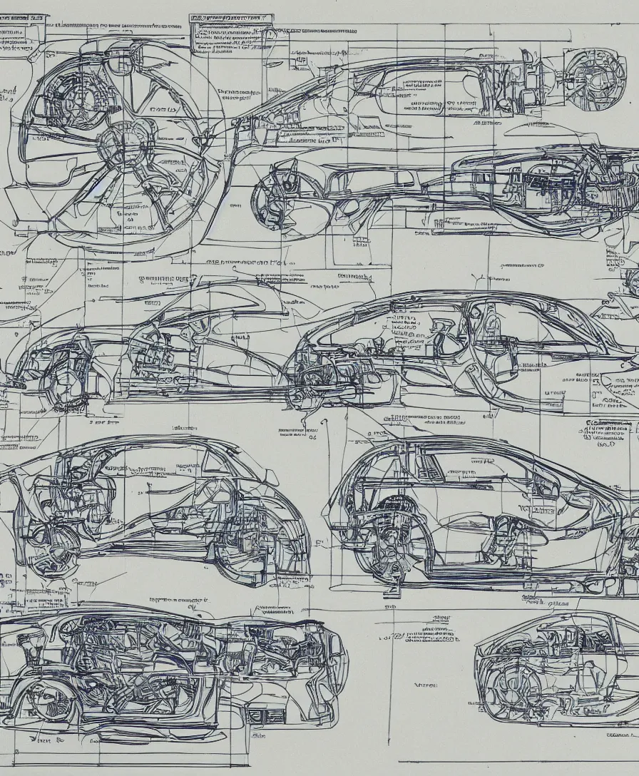 Image similar to automotive blueprints engineering plans in the style of Davinci