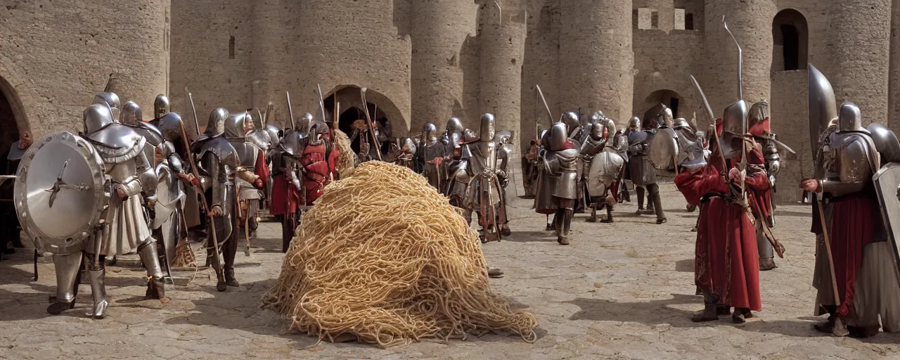 Image similar to medieval knights defending a large mound of spaghetti behind the castle gates, small details, realistic faces, intricate, canon 5 0 mm, high detail, intricate, cinematic lighting, photography, wes anderson, film, kodachrome