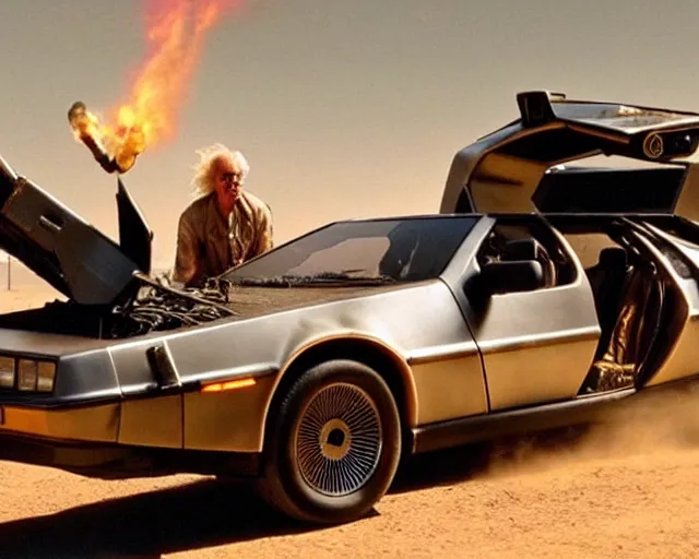 Image similar to doc brown and the delorean in a scene from a mad max movie