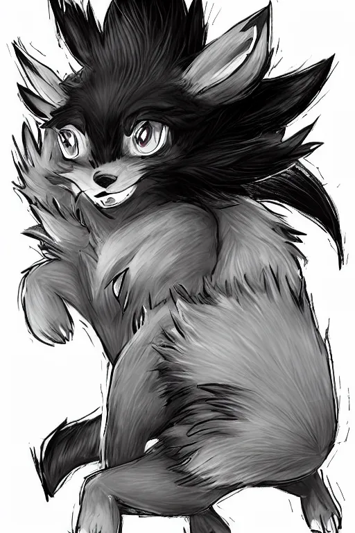 Image similar to zorua pokemon, stylised fox - like appearance, black and auburn colour pallet, illusory trickster, thick furry neck and chest fluff, stylised 🖌 - like hair, pokemon concept art with multiple angles, super detailed, clean lines, digital art