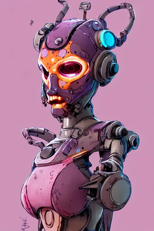 Prompt: a study of cell shaded protrait of female robot as Borderlands 3 concept art, llustration, post grunge, concept art by josan gonzales and wlop, by james jean, Victo ngai, David Rubín, Mike Mignola, Laurie Greasley, highly detailed, sharp focus, alien, Trending on Artstation, HQ, deviantart, art by artgem