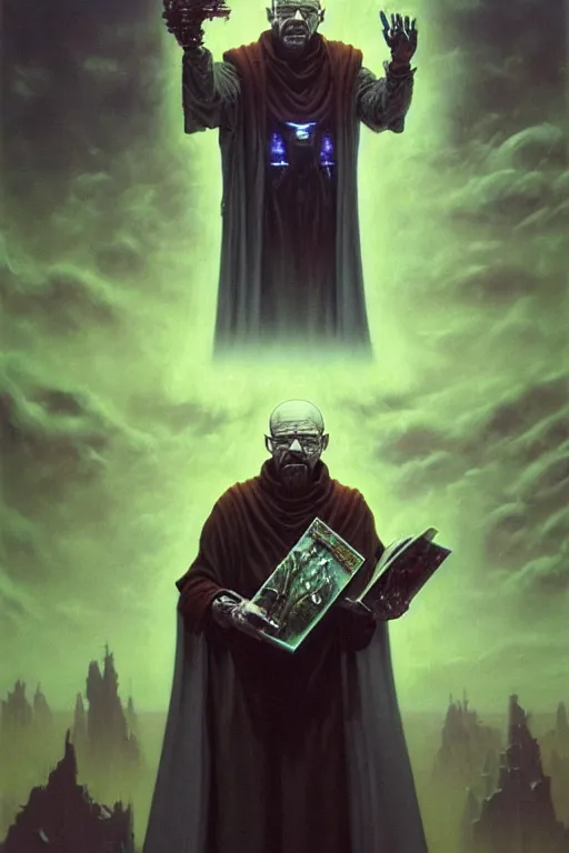 Image similar to painting of walter white as a cloaked tech priest holding a book, adeptus mechanicus!, cybernetic enhancements attached to his body, praise the omnissaiah, zdzislaw beksinski, lewis jones, mattias adolfsson, warhammer 4 0 k!!, cold hue's, warm tone gradient background, concept art, digital painting