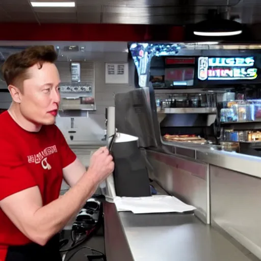 Image similar to elon musk working at burger king, elon musk working the register at a fast food restaurant