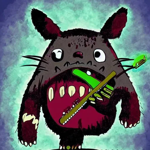 Prompt: cannibal totoro, blood stained, cannibal corpse fan, playing an electric guitar and doing the horn symbol with his hand fantasy digital art, wow, stunning, ghibli style, hight quality