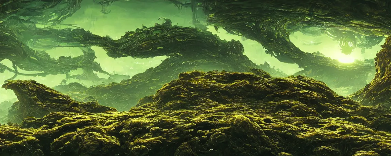 Prompt: ” slimy alien landscape, [ organic, disgusting, cinematic, detailed, epic, widescreen, opening, establishing, mattepainting, photorealistic, realistic textures, octane render, art by slop and paul lehr ] ”