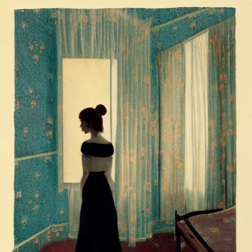 Image similar to a lonely girl in a liminal hotel room, baroque wallpaper, film still by kubrik, depicted by balthus, limited color palette, very intricate, art nouveau, highly detailed, lights by hopper, soft pastel colors, minimalist