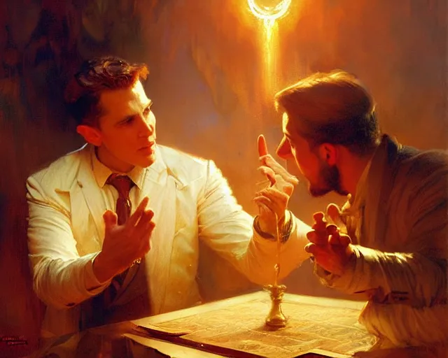 Image similar to attractive magician man, casting light magic, summoning a handsome god. highly detailed painting by gaston bussiere, craig mullins, j. c. leyendecker 8 k