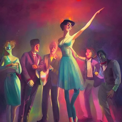 Image similar to young people in a fancy vintage nightclub dancing and drinking, partylights, great colors, by esao andrews, trending on artstation