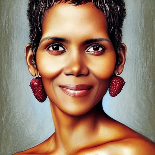 Prompt: halle berry head and face as berries, face made of wild berries, digital painting by arcimboldo