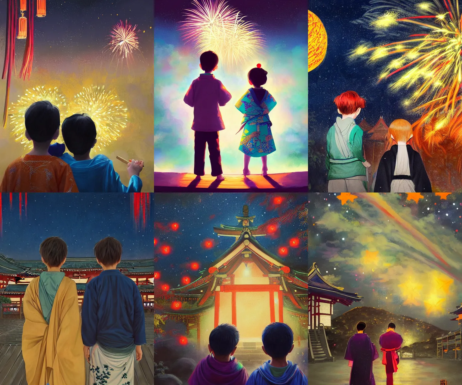 Prompt: beautiful painting of a boy and a girl from behind at a shinto shrine looking up at the night sky illuminated by colorful new years fireworks, by WLOP and jason scheier, trending on artstation