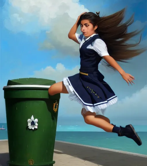 Image similar to portrait of an Italian Mexican teen female schoolgirl wearing a navy and white sepuku uniform and jumping outside a green trashbin in Kalakaua avenue in Waikiki, intricate, elegant, highly detailed, centered, digital painting, artstation, concept art, smooth, sharp focus, illustration, by Peter Mohrbacher, WLOP