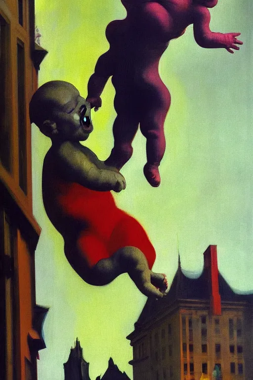 Image similar to evil human giant baby falling from tower, hauntingly surreal, highly detailed painting by francis bacon, edward hopper, adrian ghenie, gerhard richter, and james jean soft light 4 k,