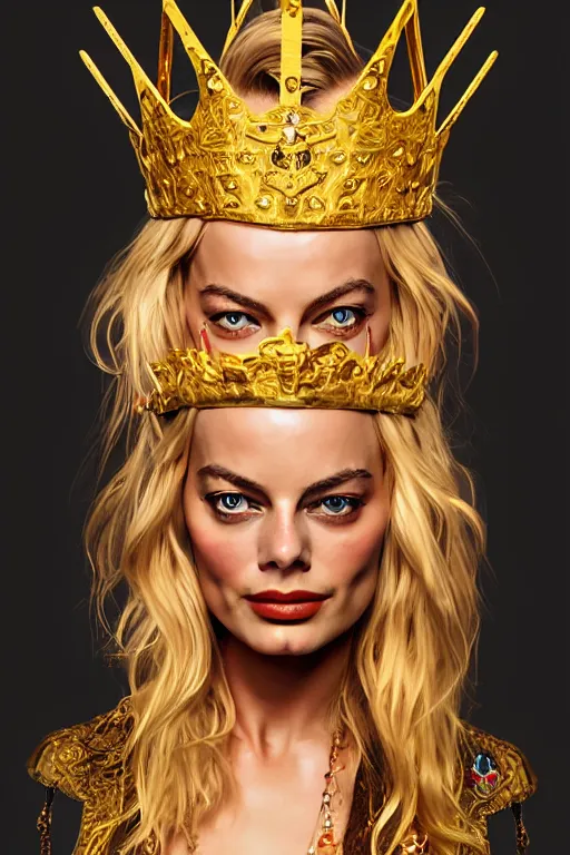 Image similar to Portrait of margot Robbie as a pirate queen with golden crown, elegant, photorealistic, highly detailed, artstation, smooth, sharp focus, gold ornaments, neon lighting, sci-fi, art by Klimt