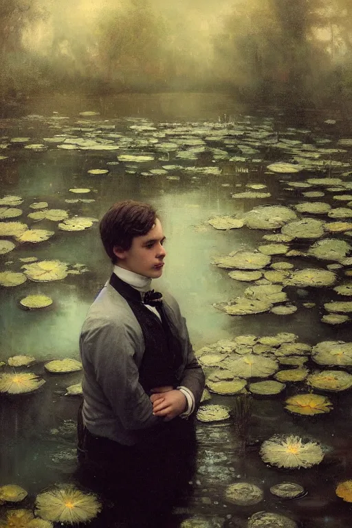 Image similar to detailed cinematic moody colors studio portrait of a young victorian gentleman in a beautiful victorian water pond, water lilies, high quality by jeremy mann, only one head single portrait