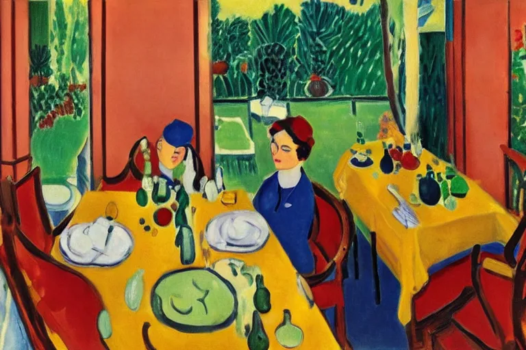 Prompt: a fancy breakfast scene at a country club by henri matisse and linda wilder, oil painting, highly detailed, saturated colors 4 k