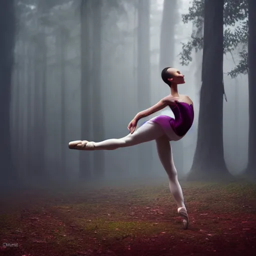 Prompt: ballerina dancing en pointe in a misty forest, cinematic atmosphere, arnold render, trending on artstation, cgsociety