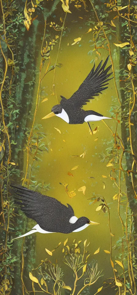Prompt: bird in the lichen rainforest. gouache and gold leaf work by the award - winning mangaka, bloom, chiaroscuro, backlighting, depth of field.