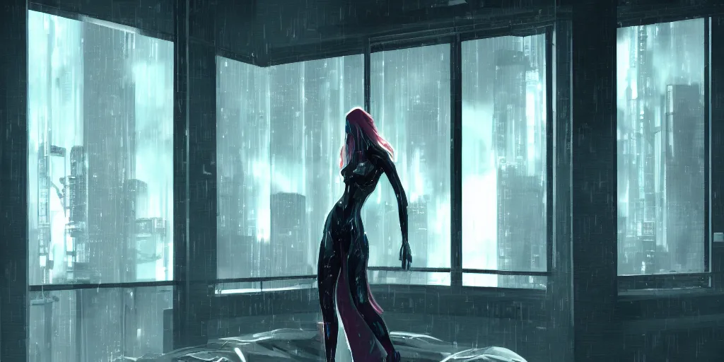 Image similar to sensual tall woman in an interior design quiet loft, big windows, cyberpunk city, rainy day, night, science - fiction, samdoesarts, artstation