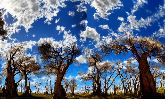 Image similar to panorama of big raindrops flying upwards into the perfect cloudless blue sky from a dried up river in a desolate land, dead trees, blue sky, hot and sunny highly-detailed, elegant, dramatic lighting, artstation, 4k, cinematic landscape, photograph by National Geographic