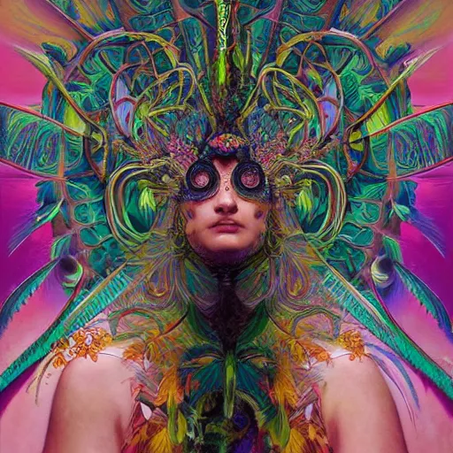 Image similar to A reality bending psychedelic ayahuasca experience, colorful, distorted, surreal, tropical bird feathers, dramatic lighting on the face, intricate, elegant, highly detailed, digital painting, concept art, smooth, sharp focus, illustration, art by Krenz Cushart and Wayne Barlowe and alphonse mucha