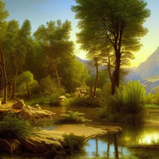 Prompt: a desert oasis, kindred spirits, harmony of nature, angelic light, sparkling dew, by asher brown durand, by ivan shishkin,