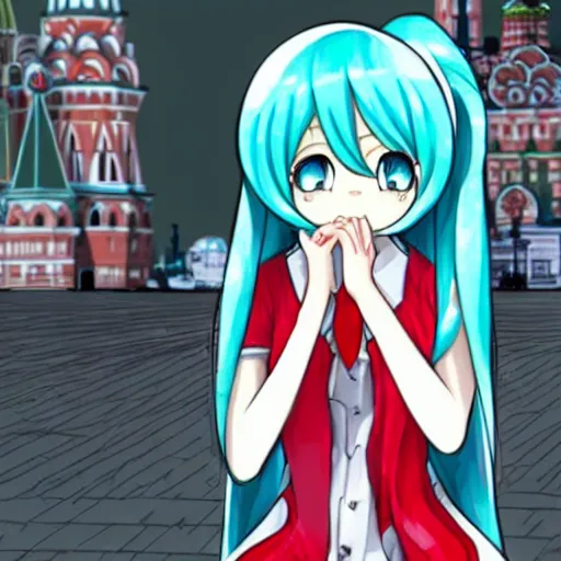 Image similar to hatsune miku on the moscow red square, high detailed anime art, trending on pixiv