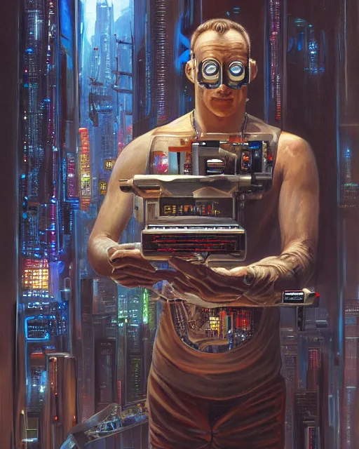 Image similar to a painting of a man holding a machine in his hands, cyberpunk art by jason edmiston and by michael komarck and by jarosław jasnikowski, cgsociety, neoplasticism, lovecraftian, future tech, circuitry