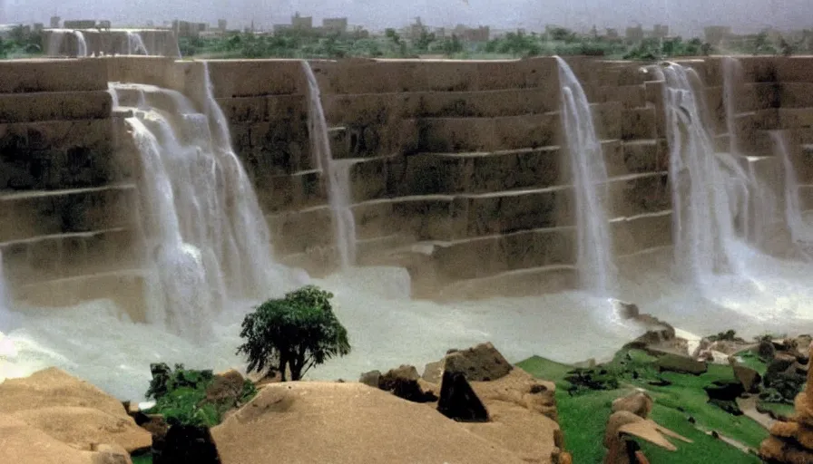 Prompt: waterfalls are flowing down the pyramids, archive photo, paradise