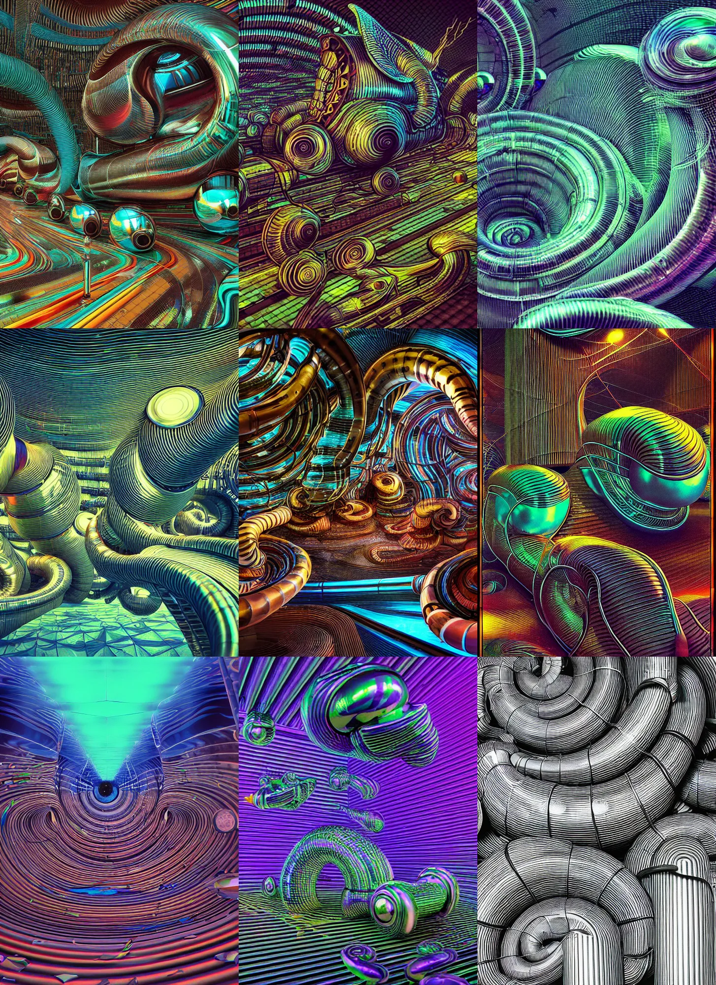 Prompt: scanlines supersede slick chrome grandfather clocks flowing ((hans thoma)) caustically (((beeple))) between giant snails of phantasmagorical corrugated pipe people that drift and dance to dropped beats and mashed pot pits