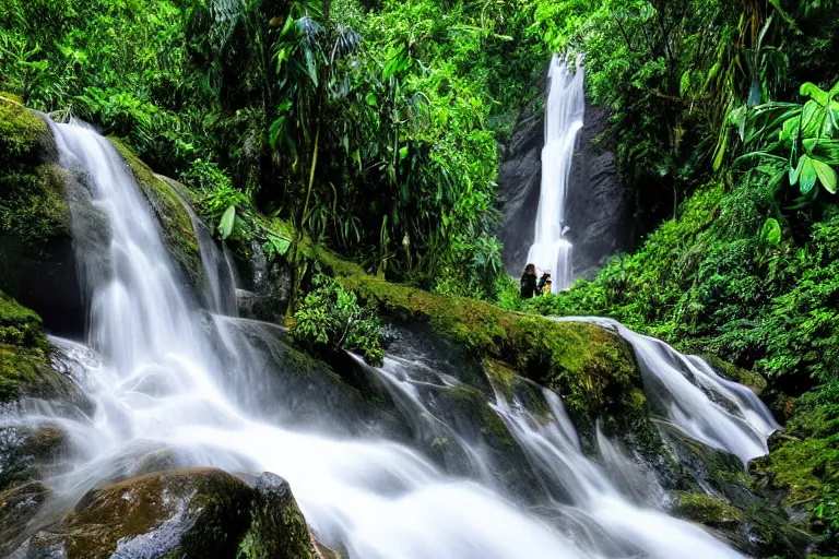 Prompt: colombian jungle and waterfall, mysterious and beautiful