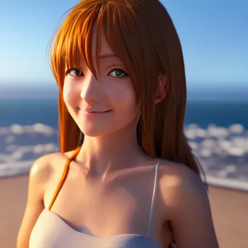 Image similar to Render of a very beautiful 3d anime girl, long hair, hazel eyes, cute freckles, full round face, short smile, cute sundress, golden hour, serene beach setting, medium shot, mid-shot, highly detailed, trending on Artstation, Unreal Engine 4k