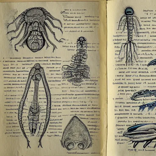 Prompt: an old journal page describing alien life forms with rich illustrations