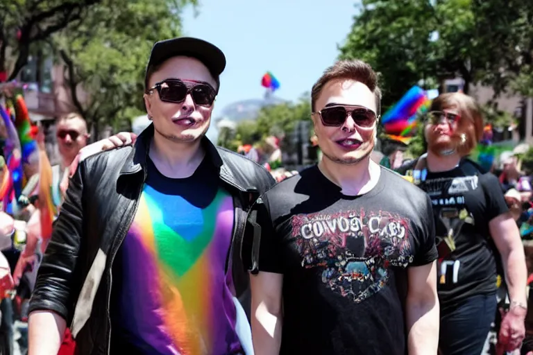 Prompt: elon musk dressed as cowbay at gay parade