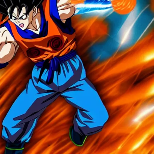 Image similar to Still of Sam heughan as Goku in Dragon ball live action movie powerful epic light blue and Orange