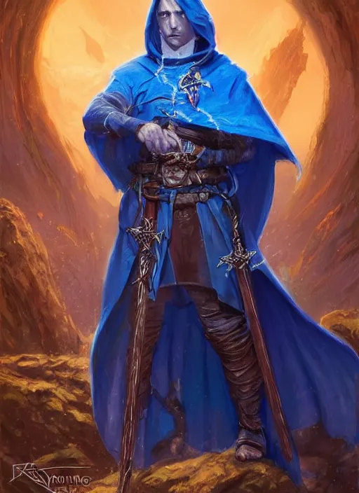 Image similar to bright blue cloak male priest, ultra detailed fantasy, dndbeyond, bright, colourful, realistic, dnd character portrait, full body, pathfinder, pinterest, art by ralph horsley, dnd, rpg, lotr game design fanart by concept art, behance hd, artstation, deviantart, hdr render in unreal engine 5