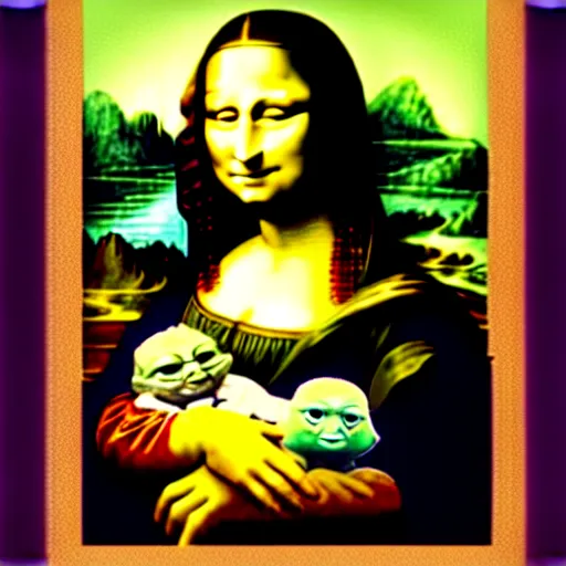 Prompt: Mona Lisa holding Baby Yoda, in the style of Leonardo da Vinci