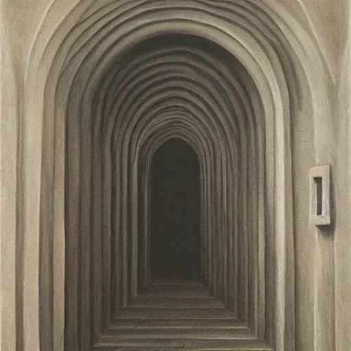 Image similar to cathedral, inquisition, reconquest. unsettling. semi - organic. tunnel, doorways. zdzisław beksinski