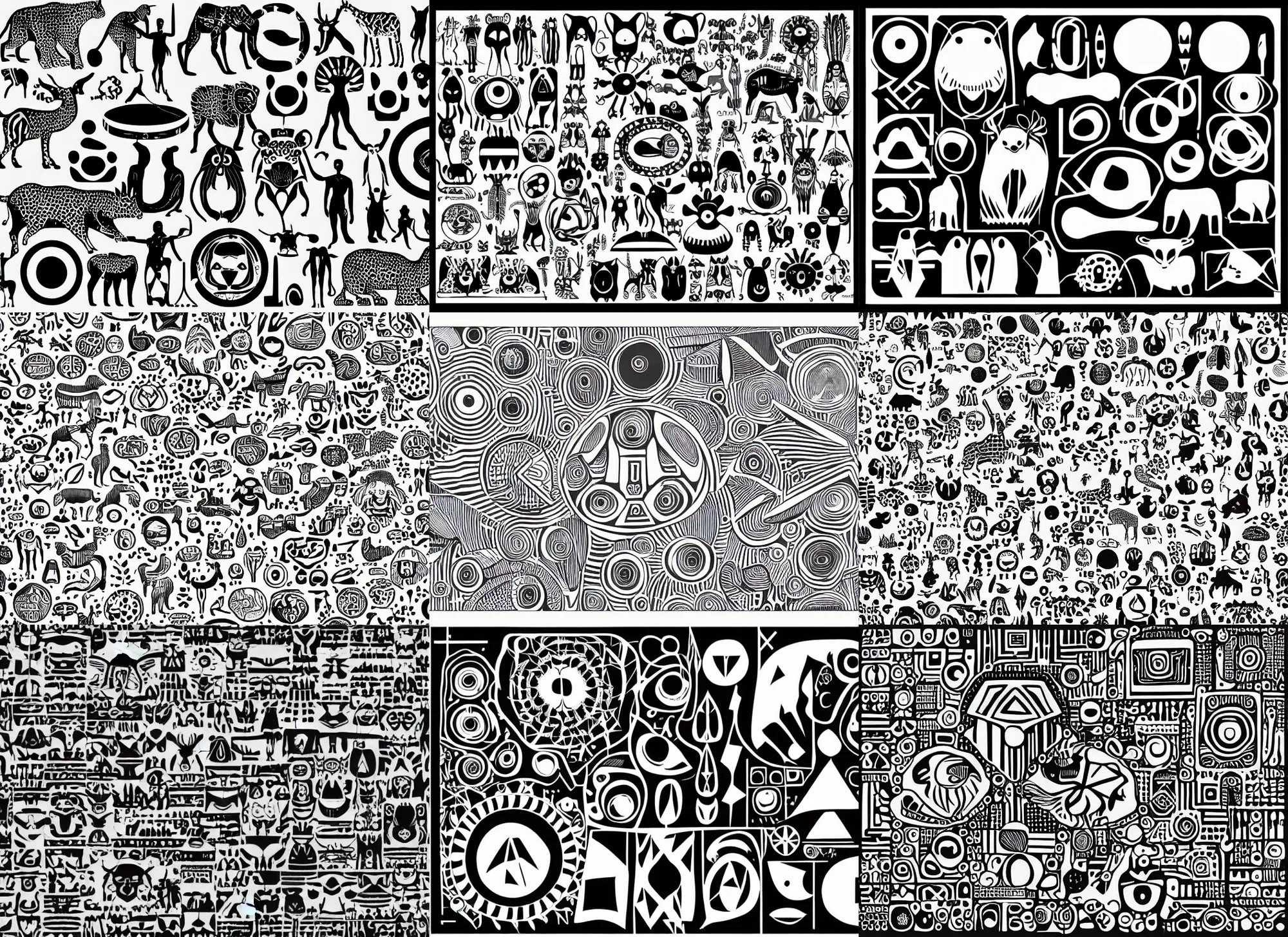 Prompt: animals aboriginal clean shapes by bauhaus, crop circles, tribal, sprite sheet, b & w, vector