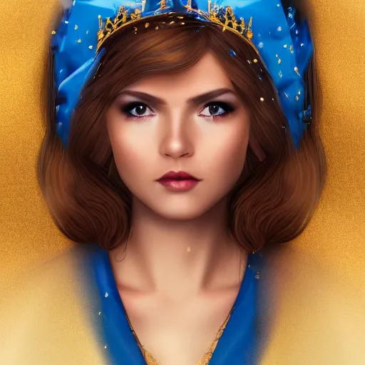 Prompt: a photographic portrait of an fantasy 30 years old princess with a deep blue sapphire and gold small diadem, seductive look, warmer and softer colours, more tan face, lighter brown hair, cinematic light, bokeh, by Danny Battista canon 50mm, artstation