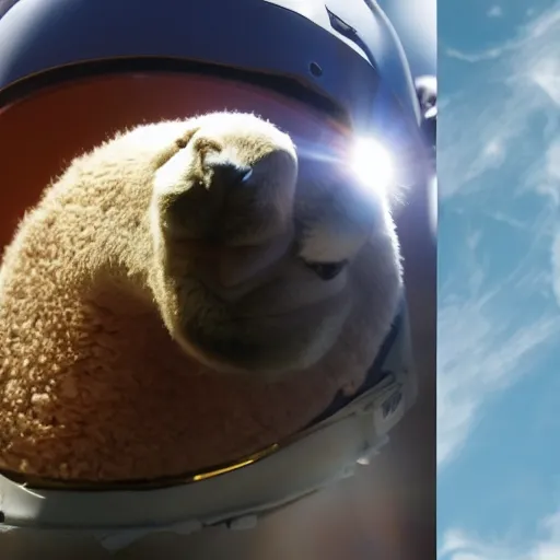 Image similar to a lama in a helmet is flying in space, 4k image.