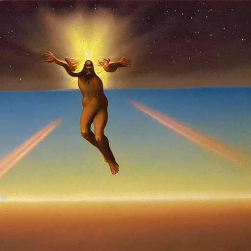 Prompt: very very detailed painting of jesus christ flying through space and time, radiating pure light, painted by rene magritte