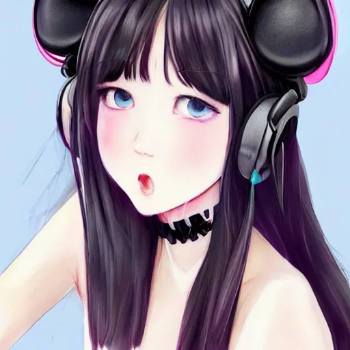 Image similar to realistic beautiful gorgeous buxom natural cute blushed shy girl Blackpink Lalisa Manoban black hair cute fur black cat ears, wearing white camisole, headphones, black leather choker artwork drawn full HD 4K highest quality in artstyle by professional artists WLOP, Taejune Kim, Guweiz, Aztodio on Pixiv Instagram Artstation