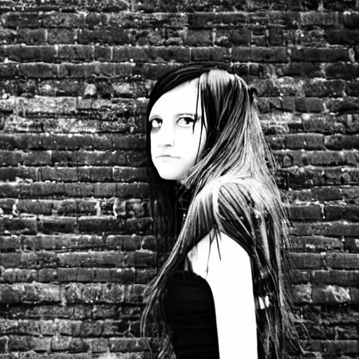 Prompt: a photograph of an emo goth girl sitting on a brick wall in front of a British house on a hot day, 2006, black hair