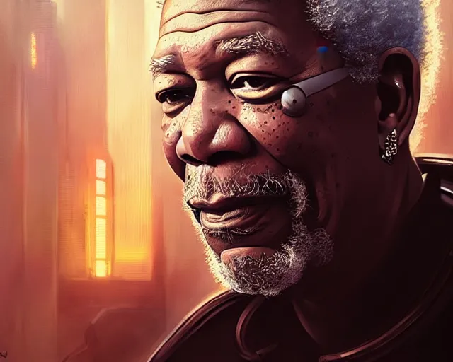 Prompt: morgan freeman with cyberpunk implants, deep focus, d & d, fantasy, intricate, elegant, highly detailed, digital painting, artstation, concept art, matte, sharp focus, illustration, hearthstone, art by artgerm and greg rutkowski and alphonse mucha